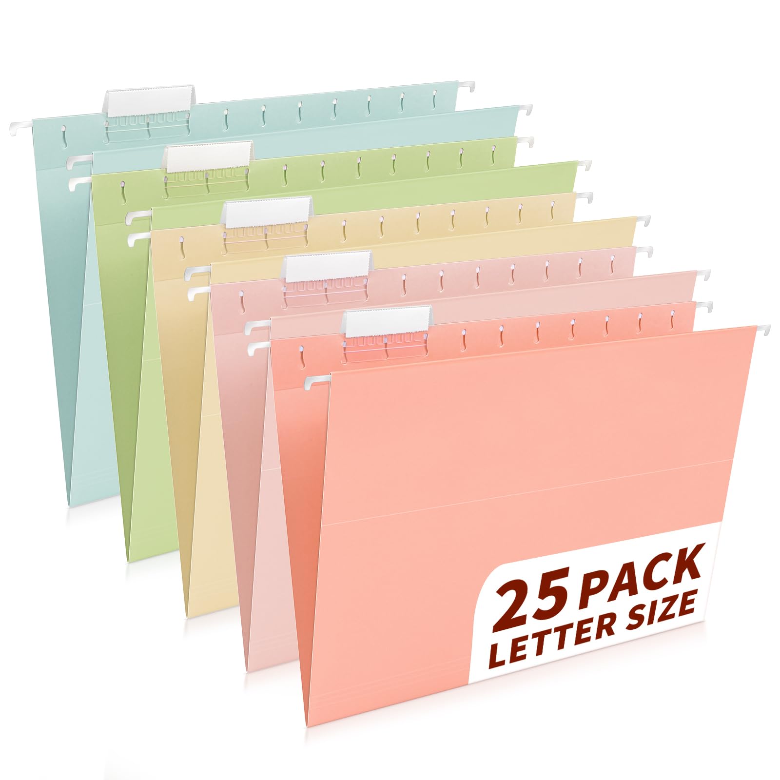 Photo 1 of 25-Pack Pastel Hanging File Folders, Letter Size (8.5"x11") with 1/5-Cut Tabs,25 Transparent Label Cards, 25 Sticker Labels–Home Office & Filing Cabinets