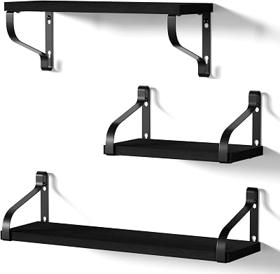 Love-KANKEI Floating Shelves Rustic Wood Wall Set of 3 Black