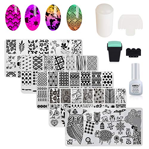 AIMEILI Nail Art Stamping Templates Manicure Tool Kit, 5pcs Nail Stamping Plates, 1 Latex Peel Off Tape, 2 Stamper, 2 Scraper