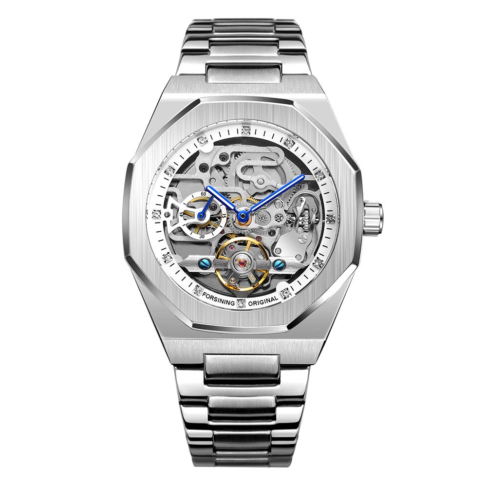 BOLYTE Tourbillon Design Men's Analog Automatic Stainless Steel Wrist Watch Mechanical Skeleton Male Clock (Silver White)