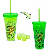 Toynk Teenage Mutant Ninja Turtles Pizza Party Color-Changing Plastic Travel Tumbler | Includes Reusable Straw, Leak-Resistant Lid, Fake Ice Cubes | Holds 24 Ounces