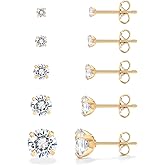 PAVOI Waterproof Five Pairs Stud Earrings for Women - 14K Gold Plated Stainless Steel Pack of 5 Cubic Zirconia Earrings for Men and Women - Hypoallergenic Premium CZ Studs Set