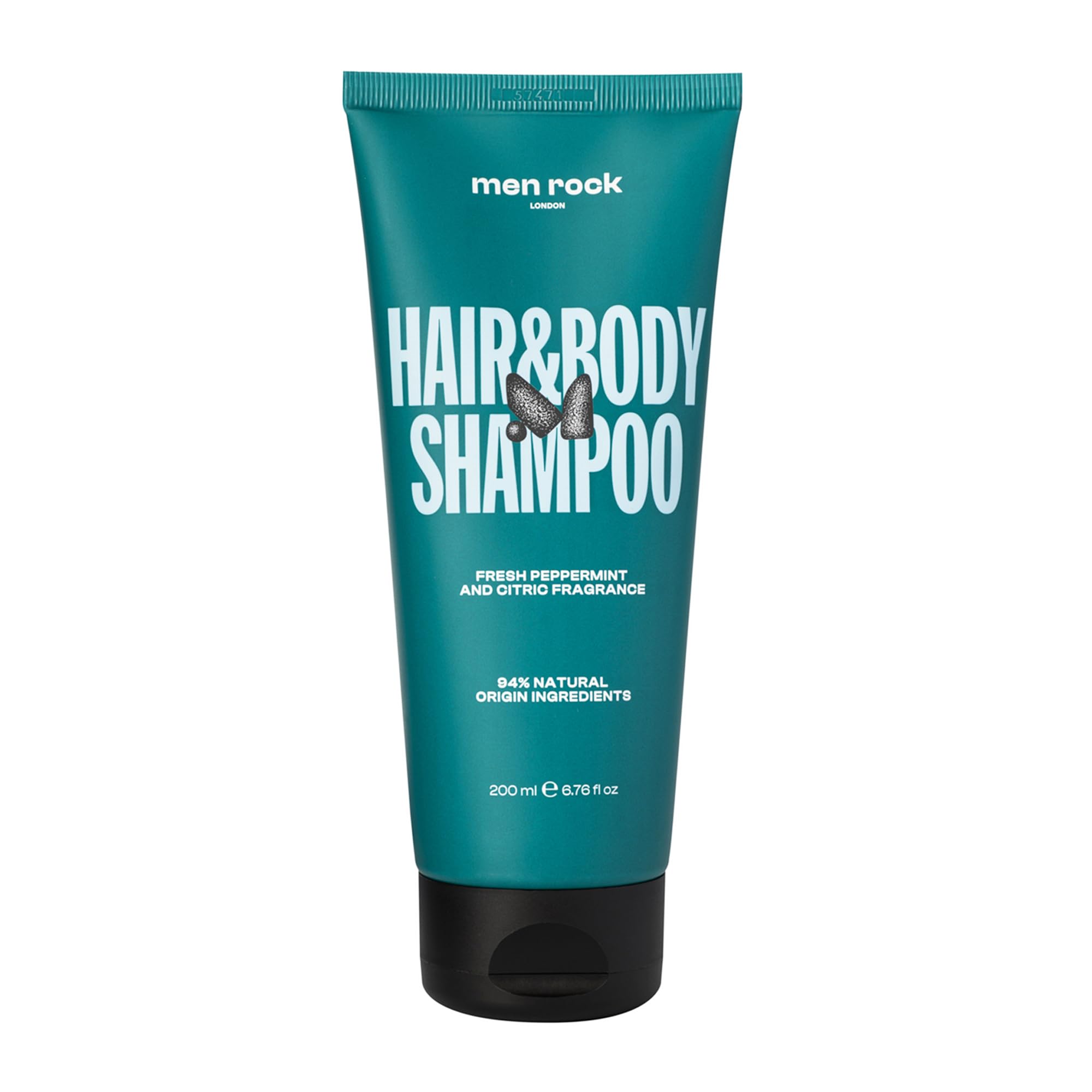 Men Rock Hair and Body Shampoo, All-in-One Shower Wash, Gently Removes Impurities for Soft Hydrated Skin, Fast-Absorbing Formula, Fresh Peppermint and Citric Scent 200 ml