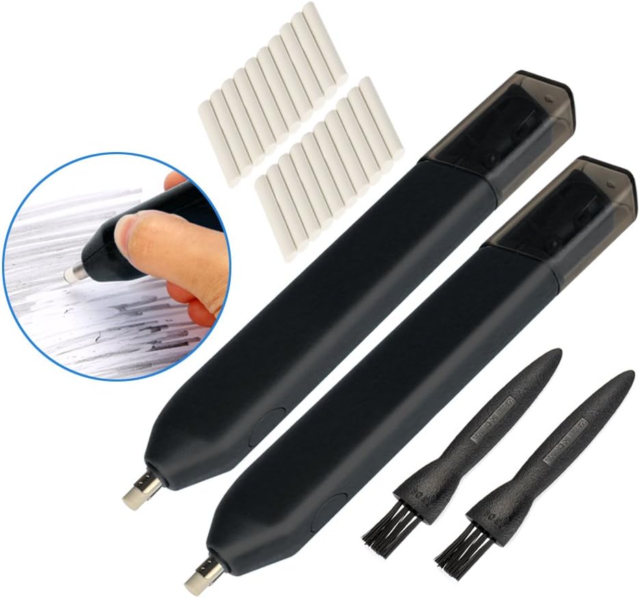 Jiulyning Electric Eraser Kit 2 In 1 Design Portable Rubber Pencil Sharpener Artist Tool Art Supply 42 Refills and 2 Eraser Brush Included Battery Operated For Colored Charcoal Pencil (2 Pack, Black)