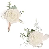 ANNKIN Ivory Corsage and Boutonniere Set, Rose Boutonniere for Men Wedding, Prom Artificial Flower Wrist Corsage Bracelets, Homecoming Corsage Wristlet, Flowers Accessories Prom Suit Decorations
