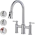 Bridge Faucet with Pull Down Sprayer: Brass Bridge Kitchen Faucet for 1 or 3 Hole - Chrome Two Handles 8 Inch Centerset Kitchen Sink Faucet for Farmhouse RV Laundry