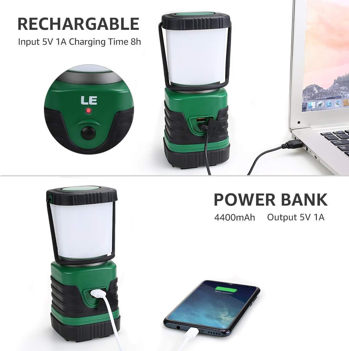 LE LED Camping Lantern Rechargeable, 1000LM, 4 Light Modes, 4400mAh Power Bank, IP44 Waterproof, Perfect Lantern Flashlight for Hurricane Emergency, Hiking, Home and More, USB Cable Included: Sports & Outdoors