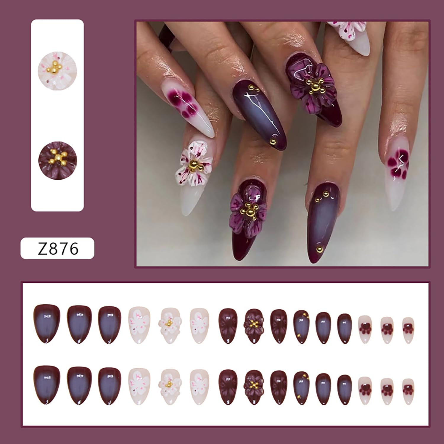 Press on Nails Medium Almond Shaped 3D Flower False Nails with Gold Pearl Design Brown Acrylic Nails Smudge Fake Nails Full Cover Coffin Nails Reusable Glue on Nails for Women 30Pcs - Image 3