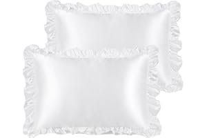 PiccoCasa Luxury Ruffled Pillow Shams Set of 2, Retro Silky Pillow Cover with Ruffle, 85 GSM Satin PillowCases with Envelope Closure Standard White