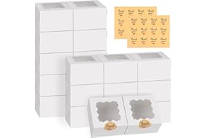 WINKIO 24pcs White Cookie Boxes, 4x4x2.5 Inches Bakery Boxes with Window, for Mini Cake Treat Dessert Pastry Donuts Macaroon Strawberries Chocolate Candy (with Stickers)