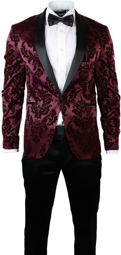 Warthel Mens Slim Fit Black Suit Tuxedo Satin Velvet Burgundy Wine Maroon