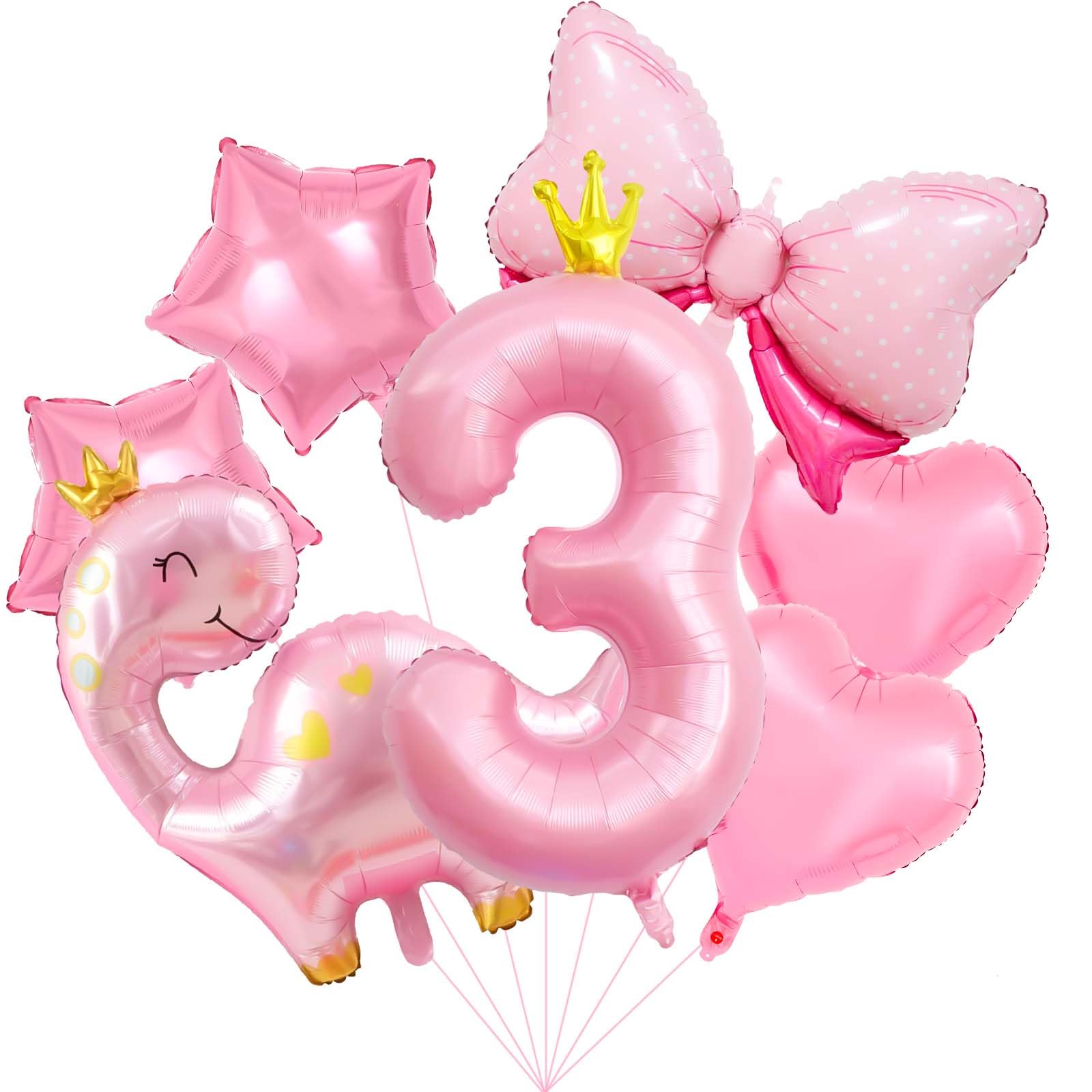 Photo 1 of 40 Inch 3 Balloon Number, Cute Crown Dinosaur Balloons, Star Bow Heart Balloons, Pastel Pink dino Balloons for Girls Dinosaur Birthday Decorations Anniversary (3-Dinosaur)