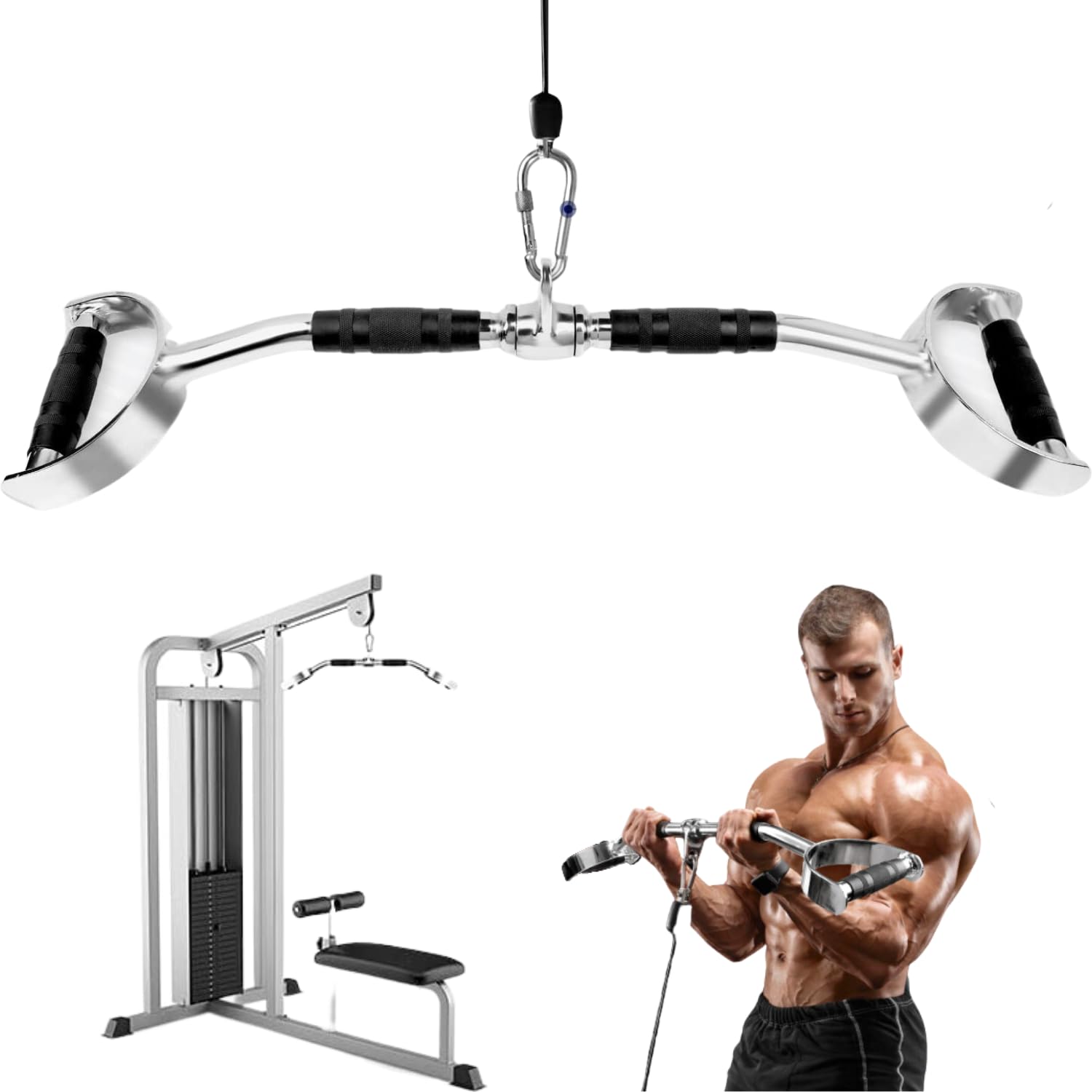 Yes4All Wide Grip LAT Pull Down Bar Attachments with D Grip Handles/Curl LAT Pulldown Attachment for Gym Equipment, Press Down Bar 27" Cable Attachment Rubber Handgrips & Revolving Hanger Image