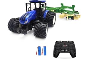 KNACKTOYZ RC Truck Farm Tractor with 2 Rechargeable Batteries - 2.4G 1/24 High Simulation Construction Vehicle with Dual Rotary Swath Windrower，Remote Control Toy with Lights, Hobby Model Toys for Kids 3-6