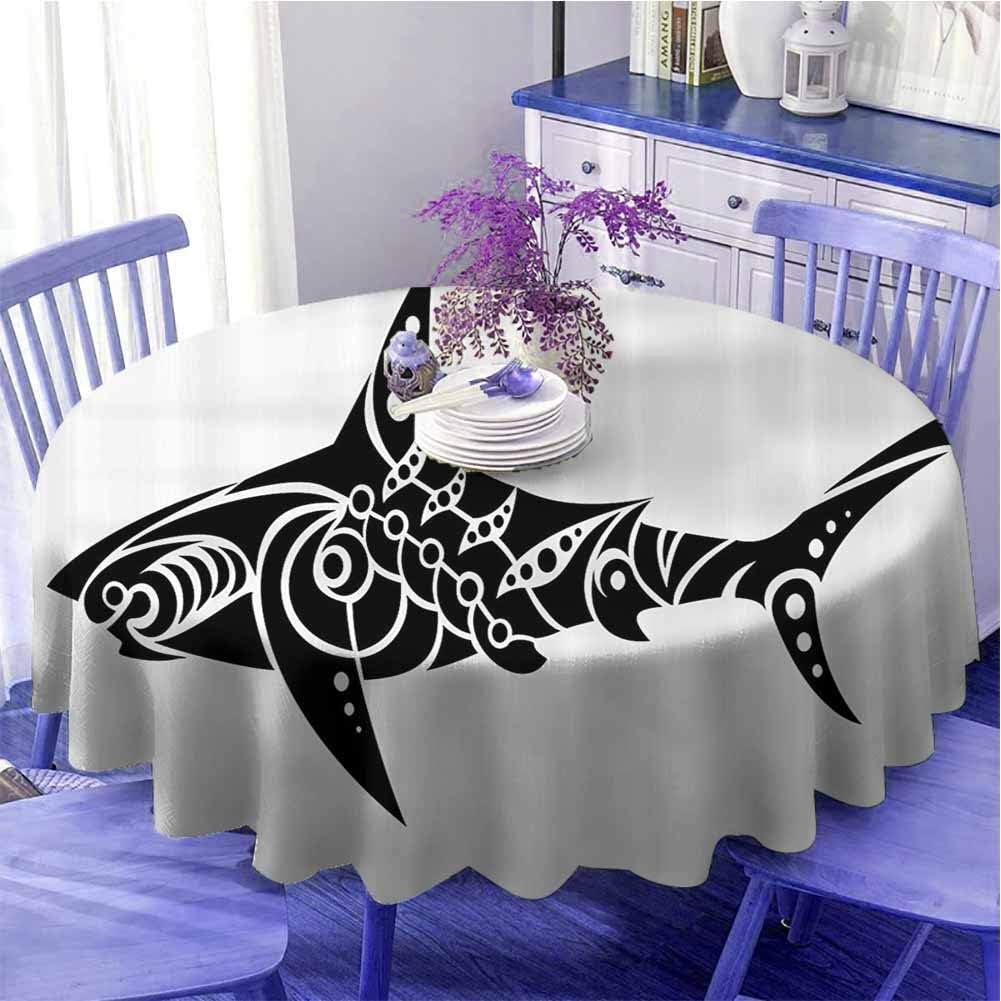 UETECH Unicorn Table Cloth Tribal Shark Tattoo Design in Black and White Under The Sea Wildlife Theme Fish Artwork Black White Diameter 50"