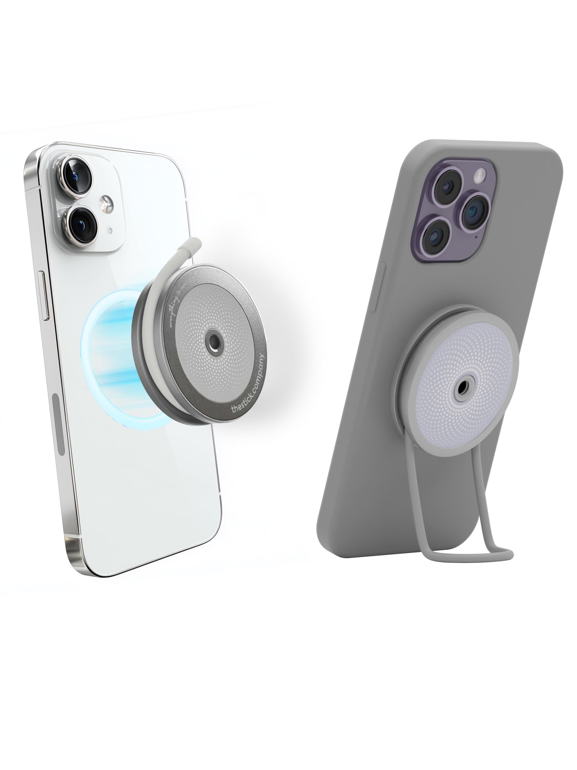 IMstick PRO MagSafe Phone Grip, iPhone Holder, iPhone Stand MagSafe, Car Mount, MagSafe Bike Mount, Flexible Silicone Wires for Non-Magnetic Surfaces Included, Wireless Charging Compatible - Silver