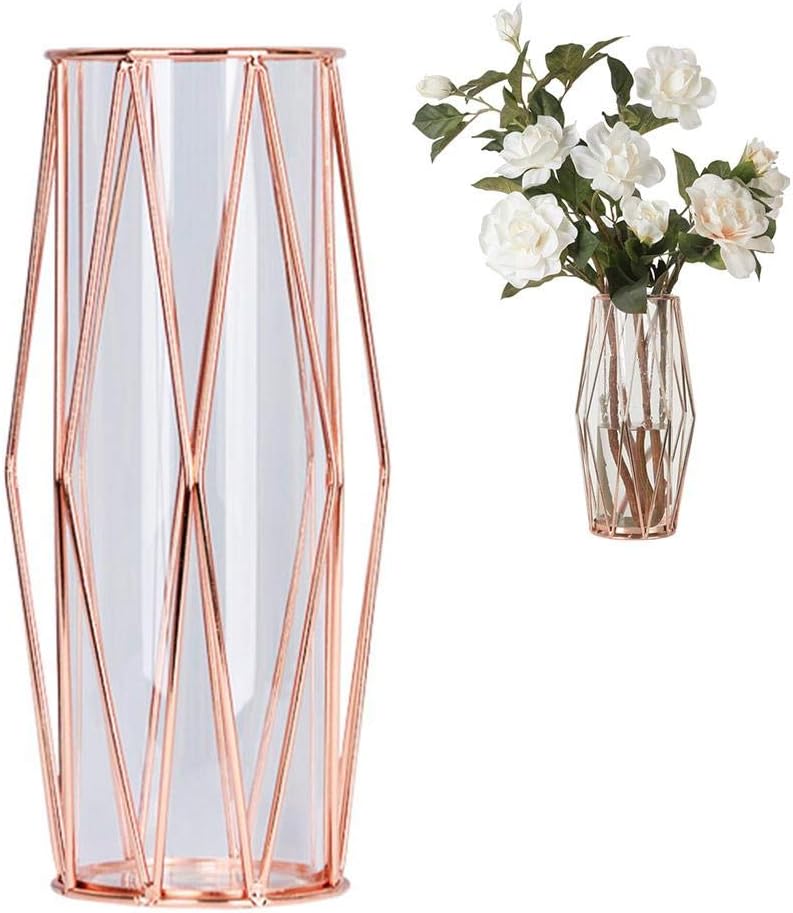 Perfuw Glass Flower Vase With Geometric Metal Rack Stand, Crystal Clear