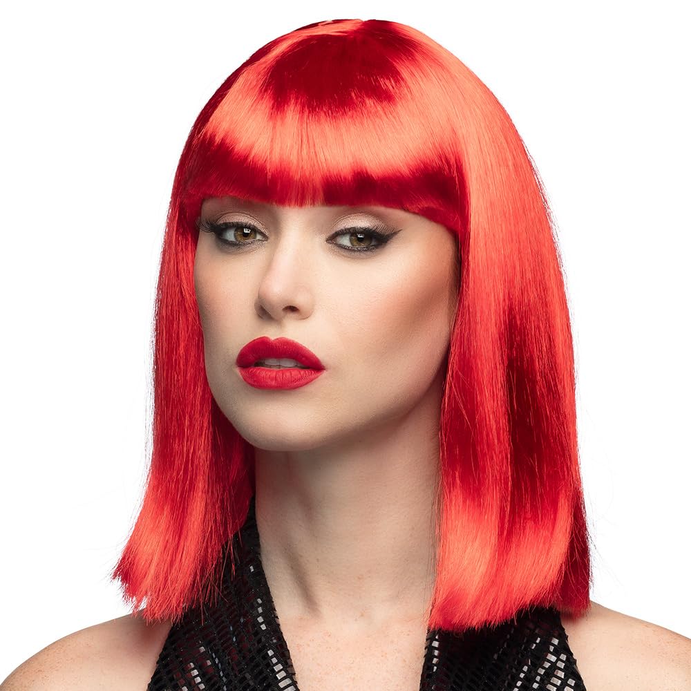 Smiffys Glam Wig, Neon Red Short, Blunt with Fringe, Ladies Glamour Wigs Fancy Dress, Adult Dress Up Wigs