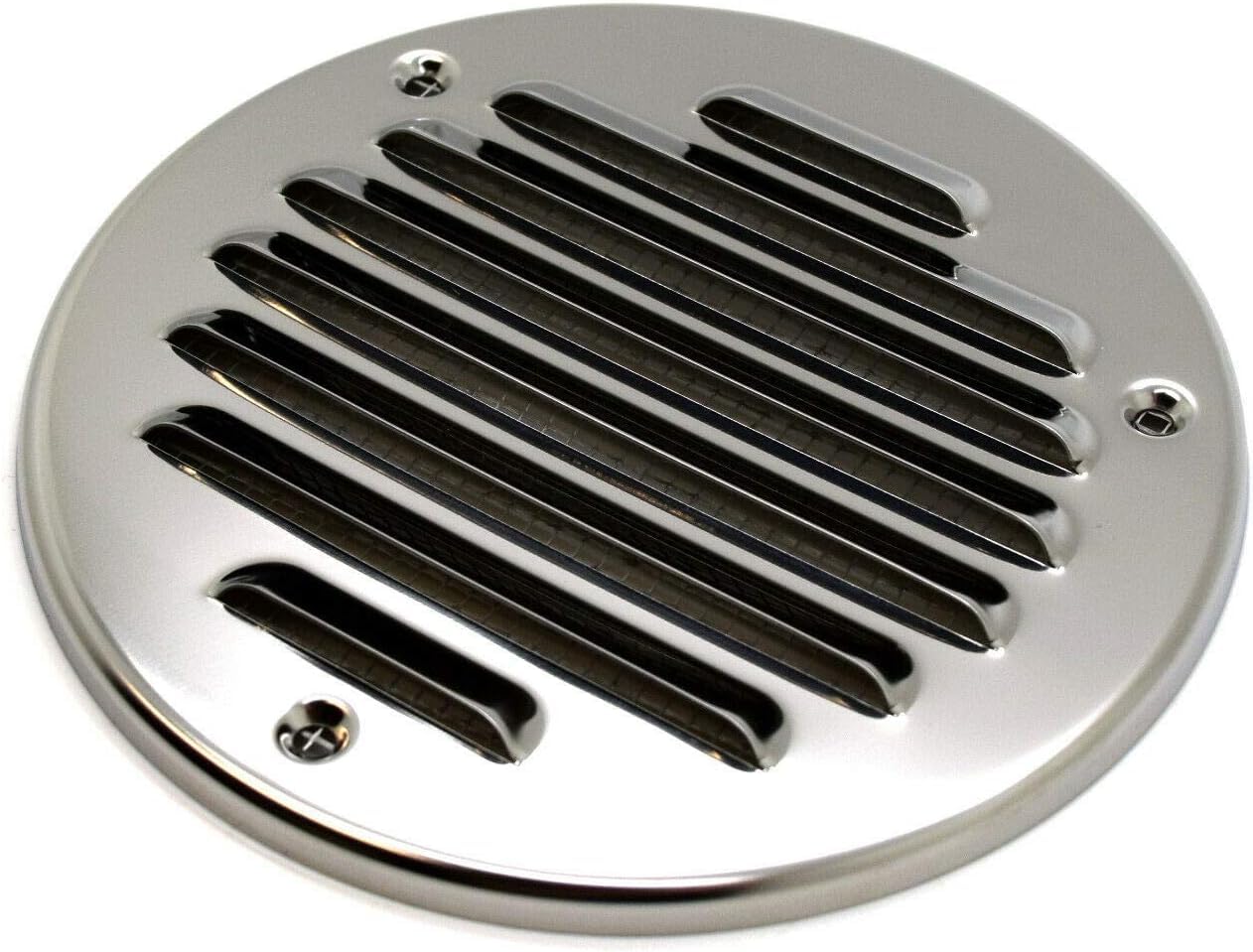 Chrome Louvred Wall Vent Grille with Flyscreen, Stainless Steel, Ø 100 mm / 4" Air Ventilation Duct Cover with Anti-Insect Mesh and Flat Back, Tough and Durable Metal