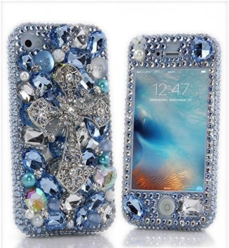 iPhone 8 Plus Bling Case, Fairy Art Luxury 3D Handmade Sparkle Series Rhinestone Cross Crystal Design Front & Back Snap-on Hard Cover with Soft Wallet Purse Red Cloth Pouch - Sky Blue