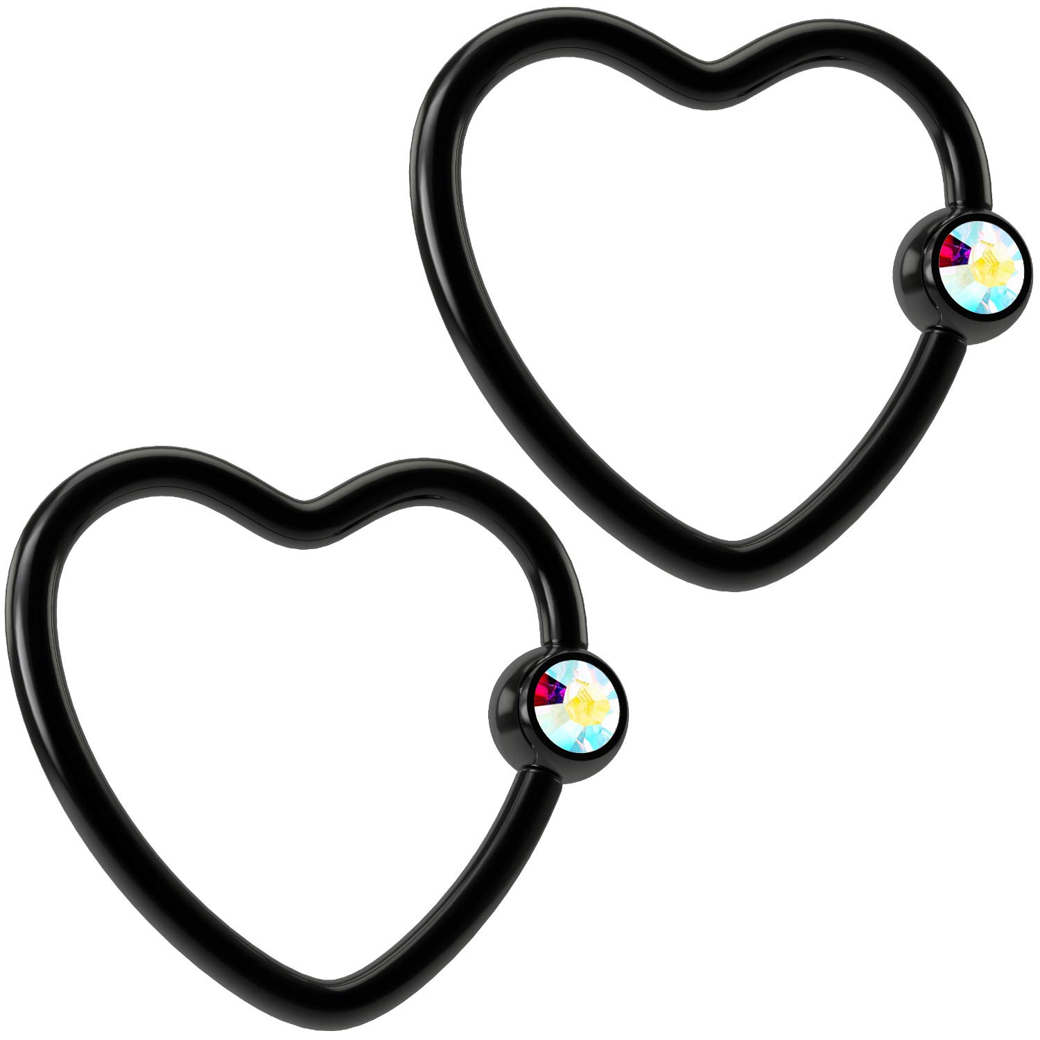 2pc 16g 1.2mm Black Heart Captive Bead Ring Jeweled 16 Gauge Gem Crystal Hoop Earrings AB Aurora Borealis