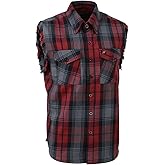 Milwaukee Leather MNG11696 Men’s Classic Black and Grey with Red Button-Down Flannel Cut Off Frayed Sleeveless Casual Shirt