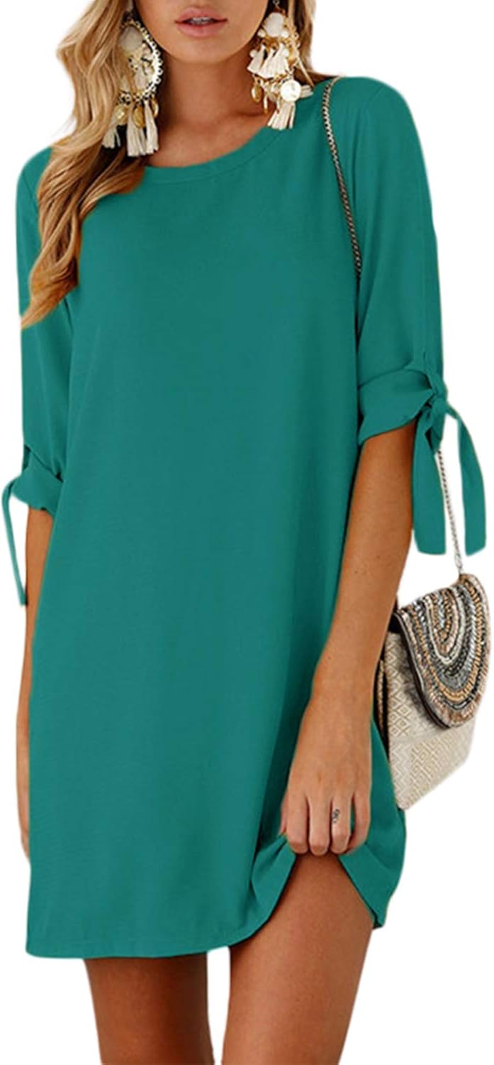 Damen-Midikleid Mit Kurzen Ärmeln, Mit Tasche, Rundhalsausschnitt