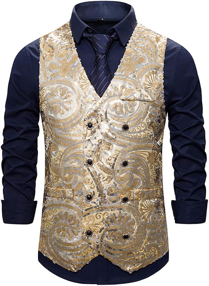 Sequins Vest Men's Sparkling Glitter Slim Gilet VNeck Business Party