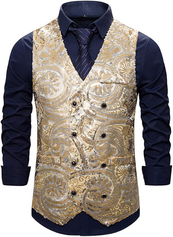 Sequins Vest Men's Sparkling Glitter Slim Gilet VNeck Business Party