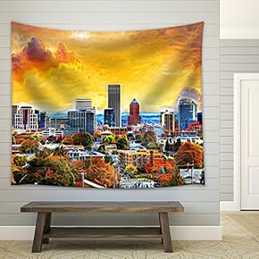 Portland Oregon Downtown City During Sunset in The Fall Season Abtract Painting - Fabric Wall Tapestry Home Decor - 51x60 inches