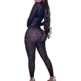 YUYUREAL Women's Leopard Print Jumpsuit Long Sleeve Mock Neck See Through Sheer Bodycon One Piece Romper Overalls
