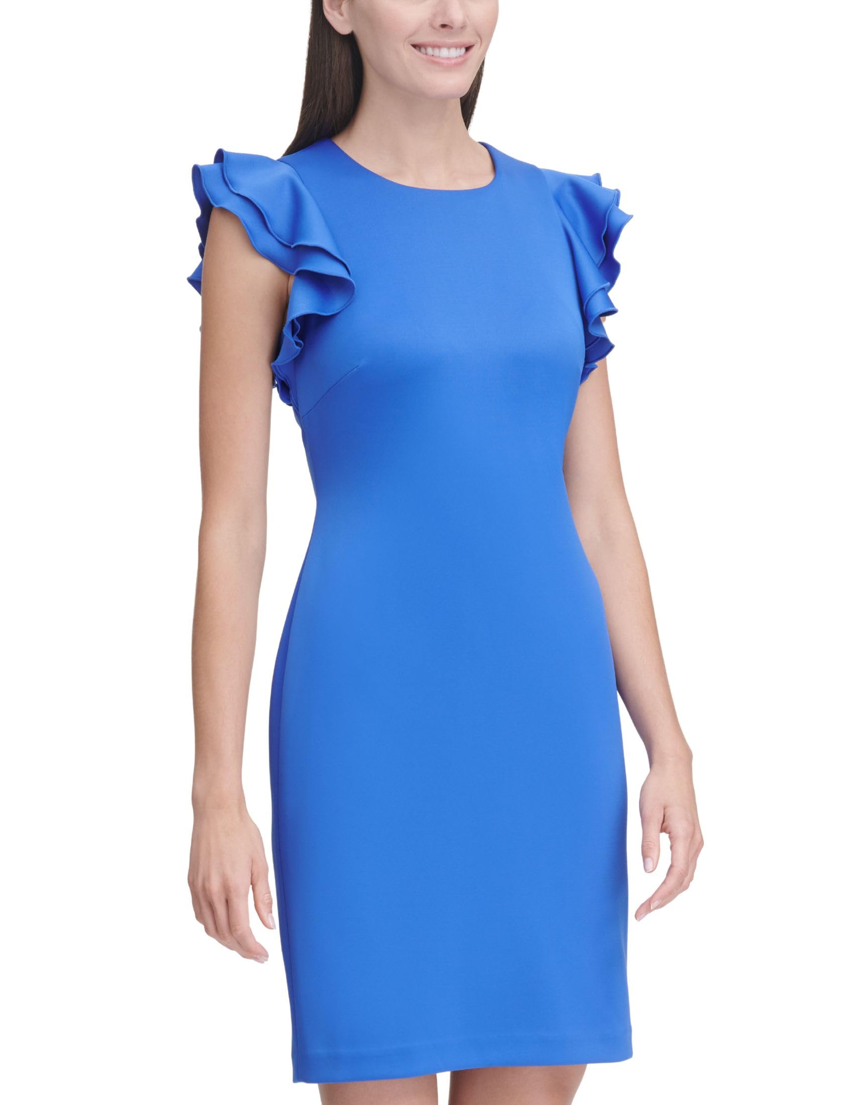 Tommy Hilfiger Women’s Sleeveless Ruffle Hem Jewel Neck Crepe Sheath Mini Dress, Amparo Blue, 12
