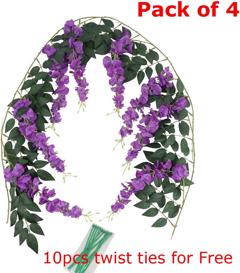 LESHABAYER 5.6 Feet/pcs Artificial Silk Wisteria Vine Rattan Hanging Flower Garland Ivy Plants for Outdoor Wedding Party Home Garden Wall Decoration,Pack of 4 (Purple) - Image 5