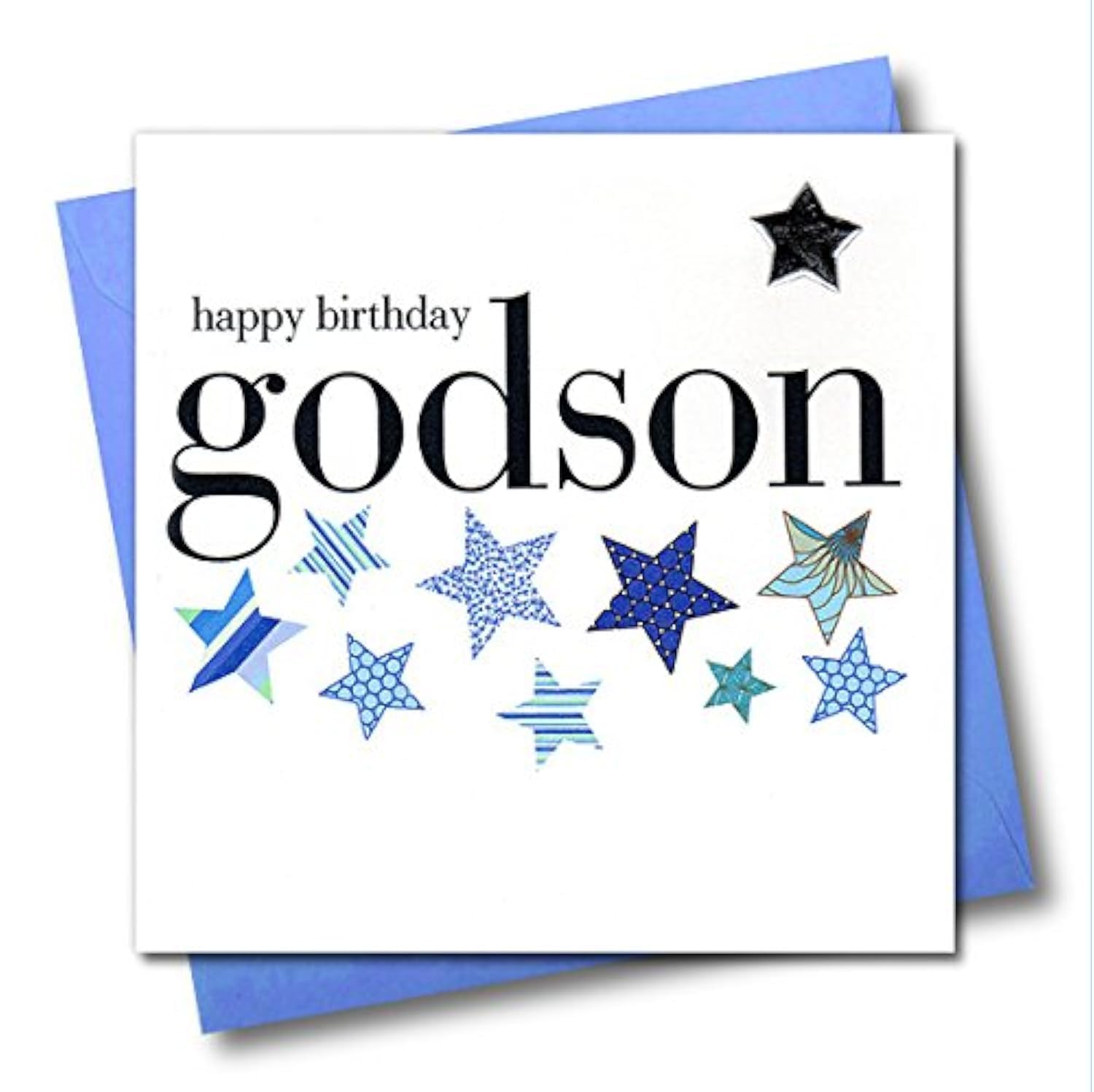 Claire Giles Greeting Cards, Happy Birthday Godson Card, Blue Stars design Birthday Greeting Card, Embellished with a shiny padded star