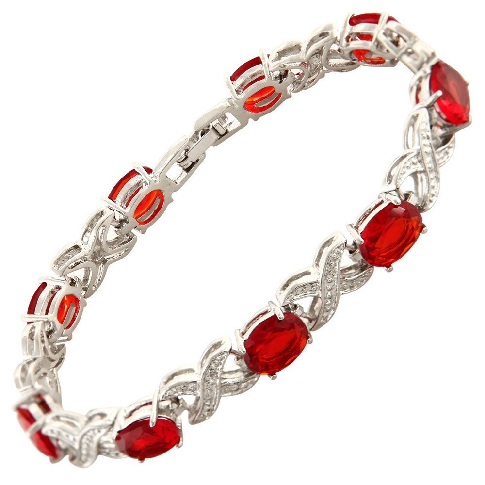 RIZILIA XOXO Link Tennis Bracelet [18cm/7inch] with Oval Cut Gemstones CZ [Red Ruby] in 18K White Gold Plated, Simple Modern Elegance