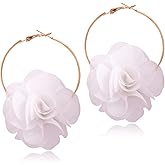 DAMLENG Lightweight Bohemian Big Fabric Flowers Dangle Drop Earrings Handmade Charm Chic Petal Hoop Earrings with Chiffon Floral Tassel for Women Vacation Wedding (White)