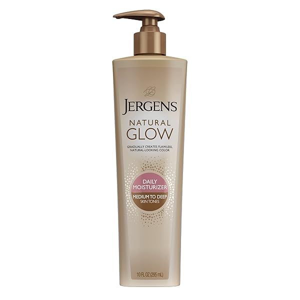 JERGENS NATURAL GLOW SELF TANNER BODY LOTION, SUNLESS TANNING, MEDIUM TO DEEP SKIN TONE, DAILY MOISTURIZER WITH COCONUT OIL, VITAMIN E AND ANTIOXIDANTS 10 OZ