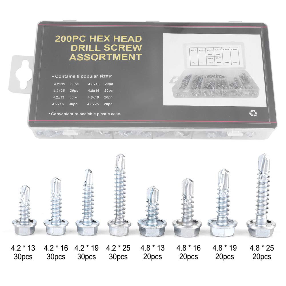 200pcs Self-Tapping Screws Set Hex Washer Head Self-Drilling Metal Screws with Drill Point for Sheet Metal, Steel, DIY Fastening & Construction Projects