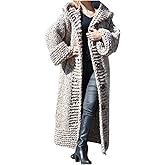 SACFOF Women Hooded Open Front Cardigan Cable Knit Sweaters Winter Solid Color Chunky Button Long Sweater Coats