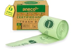 ANECO Compostable Food Waste Bags 13 Gallon, 50 Count, Extra Thick Kitchen Compost Bags With Handles, Large Compostable Bags for Tall Kitchen Bin