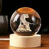 3D Tiger Crystal Ball Tiger Figurines in Crystal Ball 60mm Decor White Tiger Collectibles Snow Globes Gift Glass Sphere Home Decor with Wooden Light Base