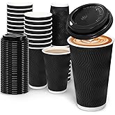BYSNOW 100 Pack 16 oz Coffee Cups with Lids, Disposable Insulated Hot Cups To Go Paper Coffee Cups, Corrugated Ripple Wall Cup for Hot Drink, Office, Coffee Bar (Black 16 oz)