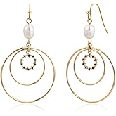 Watforsh Gold Dangle Earrings for Women with Natural Pearl and Three Circle Drop Hook Earrings