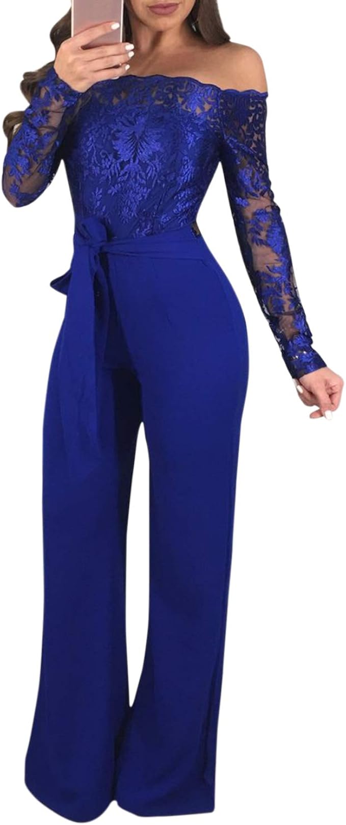 semen Damen Jumpsuit Elegant Spitzen Mesh Schulterfrei Hohe Taille Lang
