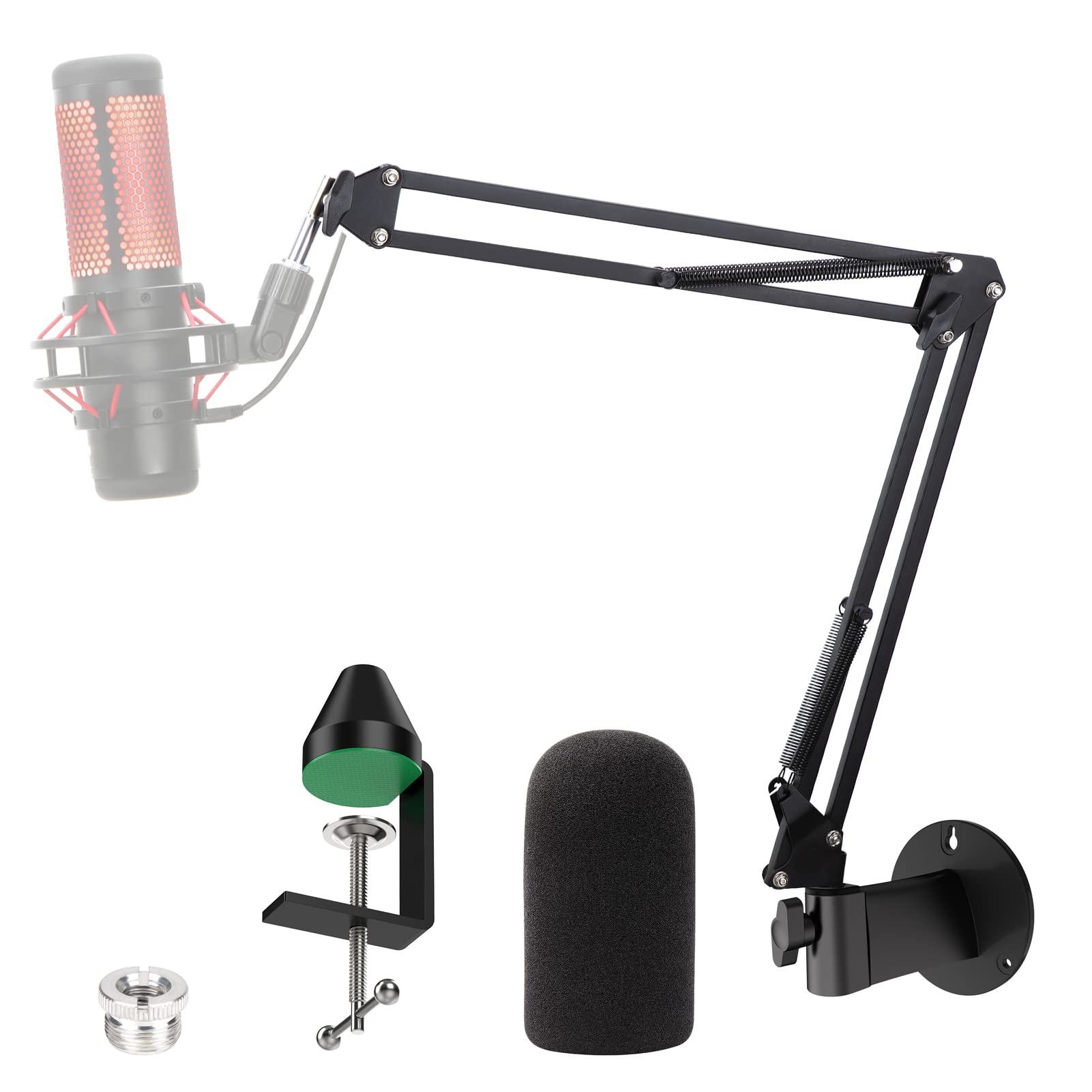 Wall Mount QuadCast Boom Arm Stand with Mic Cover Foam and Table Mount Clamp, Microphone Stands and Holders Compatible with HyperX QuadCast S Mic by YOUSHARES
