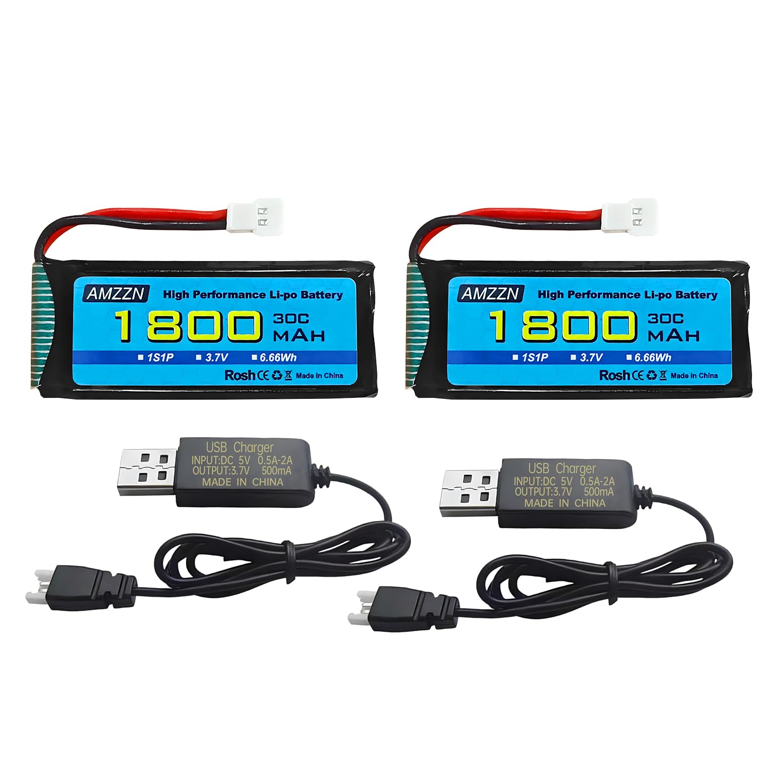 AMZZN 2PCS 3.7V 1800mAh 30C Lipo Battery with Molex Plug and USB Charging Cable Compatible with Most RC Drones,Quadcopters,Airplane Models,and Mini Remote-Controlled UAV