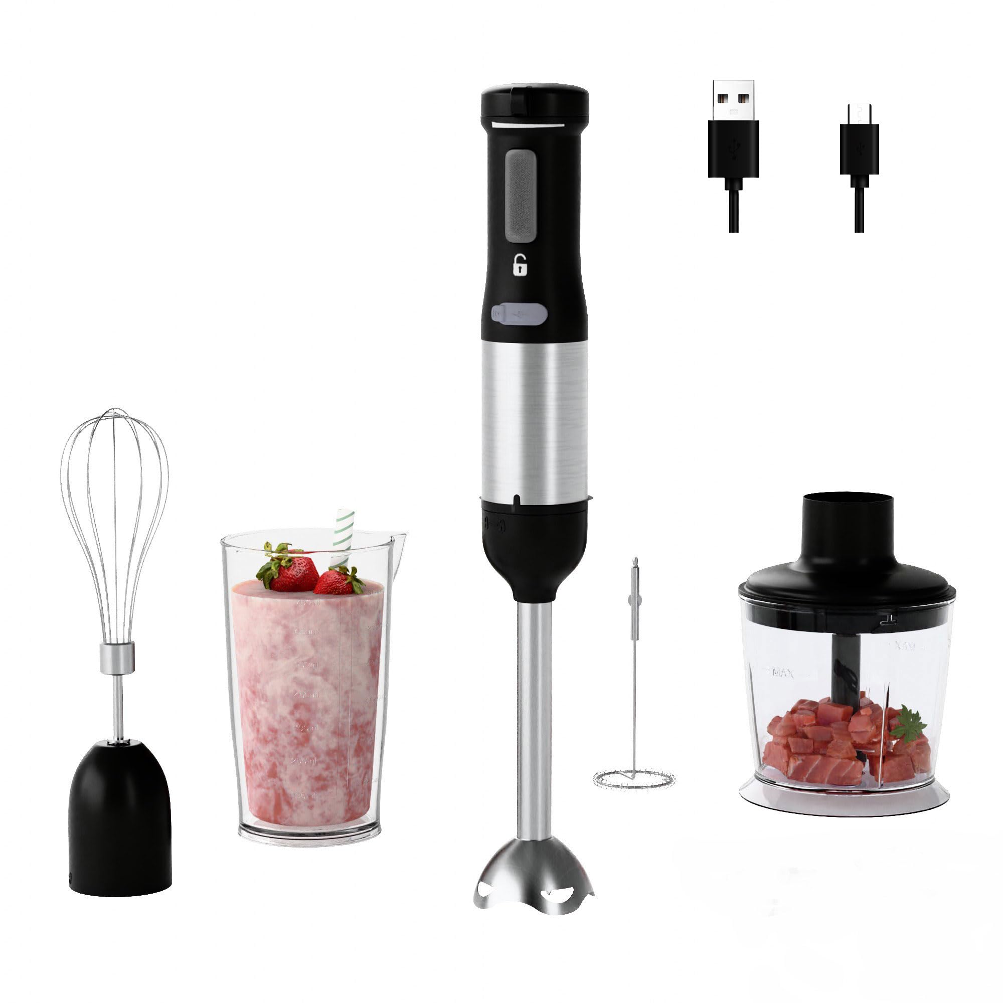 Photo 1 of WHUTO Cordless Immersion Hand Blender, 5-in-1 Variable Speed blender handheld,Rechargeable with 2000mAh Battery, BPA-Free & Dishwasher-Safe Accessories:700ml Beaker,Chopper,Whisk & Milk Frother,Ink