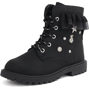 Wulubaba Girls Combat Boots, Black Ankle Boots with Rhinestone Star and Zip | PU upper, rhinestone star details, lace-up fron