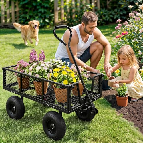 HEAHOLD Garden Wagon Cart Heavy Duty 880 LBS Steel Utility Cart with All-Terrains 3.50-4" Solid Wheels 10" Tires, 180° Rotating Handle, Removable Sides, Laser-Welded Frame & Multi-Surface