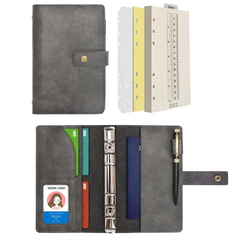 WONDERPOOL A6 Leather Diary Refillable Notebook Spiral Journal Binder Portfolio - Dot Grid Paper & Inner Pockets Organizer for Man and Woman (Grey, A6)